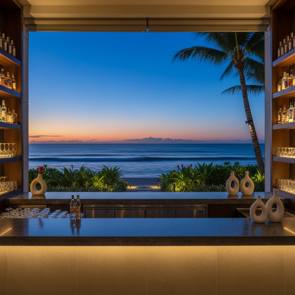 A sophisticated Fiji beachfront lounge bar at twilight, with a sleek stone-topped bar counter glowing from concealed underlighting. Bottles, glassware, and sculptural vases are arranged in clean lines on dark wooden shelves. Outside the open-air bar, the ocean is visible as a silvery-blue expanse, with waves softly illuminated by discreet ground lights hidden among low tropical plants. The sky transitions from deep indigo to warm amber near the horizon. Photographic realism with a wide-angle composition captures both the intimate bar details and the expansive seascape, conveying an elevated, cosmopolitan nightlife experience in Fiji without showing any people.
