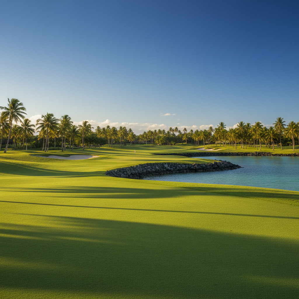 A pristine championship golf course in Fiji, with a perfectly manicured emerald fairway gently sloping toward a green perched beside a sparkling turquoise lagoon. Dark volcanic rock outcrops border the water’s edge, and palm trees line the horizon against a clear, deep blue sky. Late afternoon sun casts long, graceful shadows from the palms across the fairway, revealing subtle undulations in the turf. Captured at eye level with sharp focus and rich color, the scene feels polished, serene, and luxurious, highlighting Fiji as a world-class golf destination within an insider travel guide.