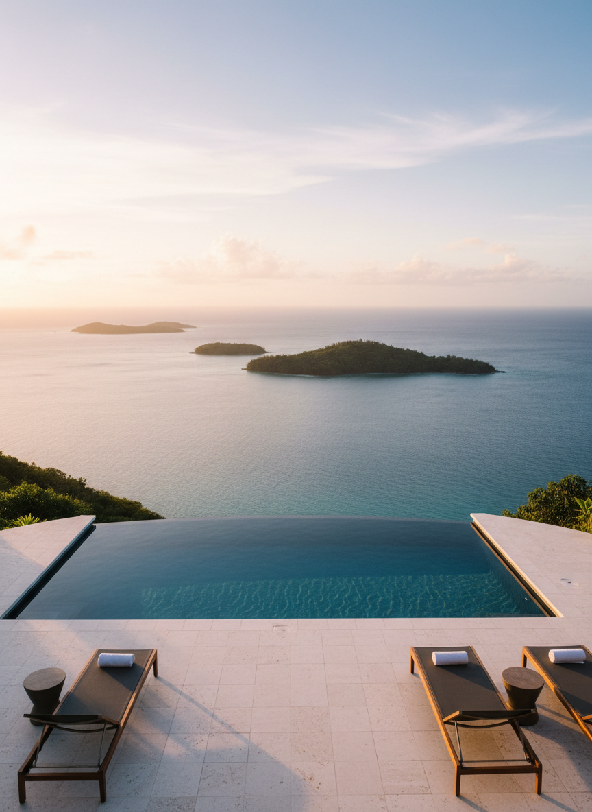 An elegant infinity pool on a clifftop overlooking a calm Fijian bay, the water of the pool seamlessly blending into the vast Pacific Ocean beyond. The pool’s edge is framed by smooth, pale stone decking and minimalist dark-wood loungers with rolled white towels. Distant islands and a pastel sky at golden hour reflect softly in the glasslike surface. Warm, low sunlight creates subtle highlights on the stone and gentle ripples in the pool. Shot from a slightly elevated angle in photographic realism, the atmosphere feels refined, tranquil, and exclusive, perfect for showcasing sophisticated Fiji accommodations.