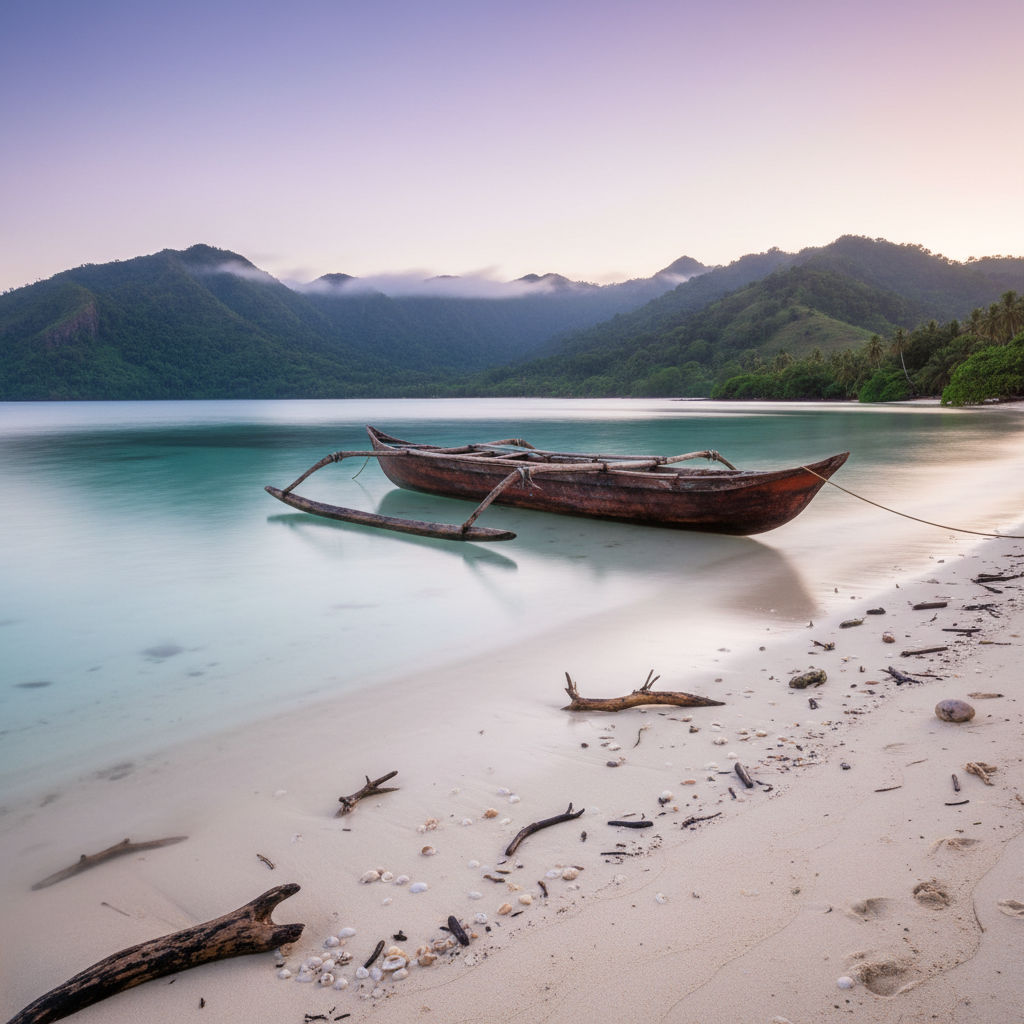 A tranquil Fijian cove at dawn, with glassy, pale-turquoise water gently touching a narrow strip of untouched sand dotted with smooth driftwood and tiny shells. A traditional-style wooden boat with rich, weathered texture rests at the water’s edge, its hull reflecting softly in the still surface. Dense green hills rise in the background, partially veiled by delicate morning mist. Soft, diffused early light creates a subtle gradient in the sky from lavender to pale coral, casting almost no harsh shadows. Captured in photographic realism from a low, shoreline perspective, the mood is contemplative, secret, and insider-only, ideal for hidden-gem Fiji locations.