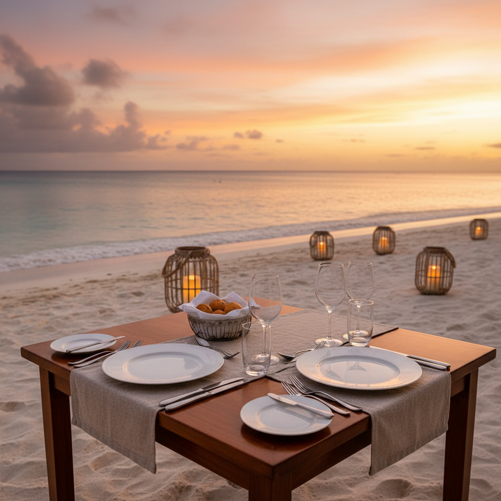 A refined beachfront dining table set for two on powder-soft sand in Fiji, the table crafted from smooth, dark hardwood with a soft linen runner in muted sand tones. Crystal-clear glassware, polished silver cutlery, and simple white porcelain plates with delicate rims are carefully arranged. In the background, gentle waves lap at the shore, and lantern-style candles sit on the sand, glowing softly as the sun sets in a wash of peach, gold, and violet. Warm, ambient lighting and shallow depth of field create a romantic, upscale mood in a photographic, editorial style, ideal for illustrating Fiji’s gourmet dining scene.