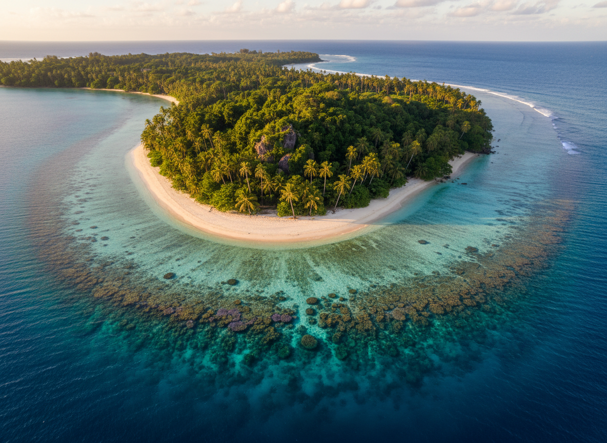 A sweeping aerial photographic view of a secluded Fijian island, its crescent-shaped white sand beach curving around a lagoon of layered turquoise and deep sapphire water. Coral reefs are clearly visible beneath the surface, forming intricate patterns. The interior of the island is lush with dense, emerald-green palms and tropical foliage. Captured in warm late afternoon light, the sun casts a golden sheen across the water and long, elegant shadows from the trees. The composition uses a wide, cinematic frame with crisp detail throughout, evoking a sophisticated, aspirational mood ideal for a luxury Fiji travel guide homepage.